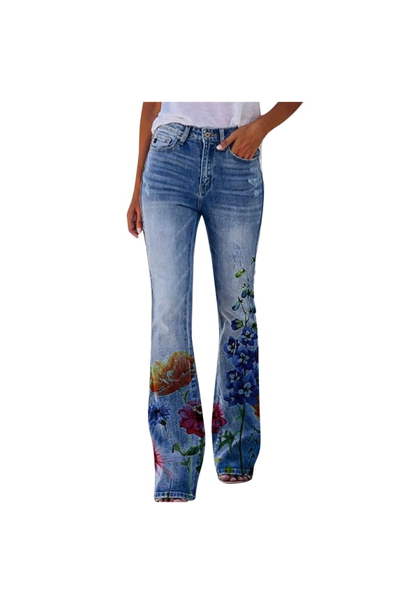 Flower Print Jeans 2024, School Floofy Plus Size Slacks Womens Spring Wide Hi Waist Floral Print Pant Light Blue C L