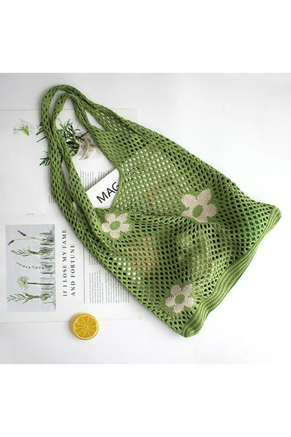 Flower Print Kintted Shopping Mesh Bag Lightweight Daily Tote Bag (Green)