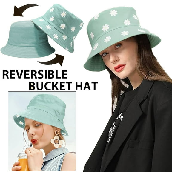Flower Print Reversible Bucket Hat, Cotton Summer Travel Beach Sun Hats, Double-Side-Wear Cap for Women
