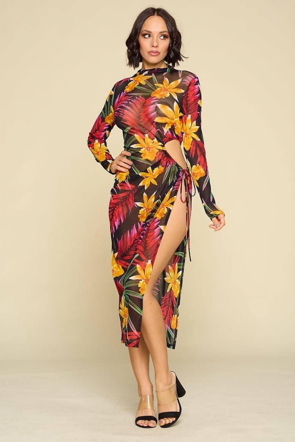 Flower Print Slit Dress S