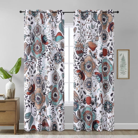 Flower Print Vintage Style Room Darkening Grommet Curtain Drapes, Colorful Floral Print for Chic Elegant Decor, 2 Panels, 52"W x 96"L
