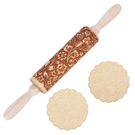 Flower Print Wood Rolling Pin Dough Roller for Baking Embossed Cookies Kitchen Tool Camel 350x45mm for diy