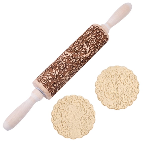 Flower Print Wood Rolling Pin Dough Roller for Baking Embossed Cookies Kitchen Tool PapayaWhip 350mm Beige