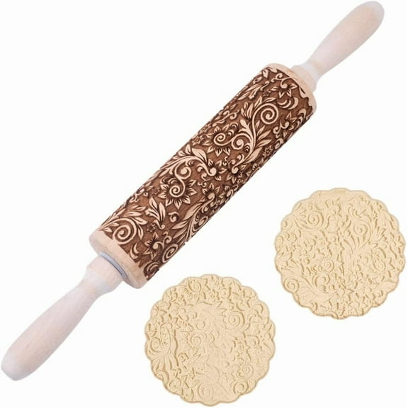 Flower Print Wood Rolling Pin Dough Roller for Baking Embossed Cookies Kitchen Tool PapayaWhip 350mm