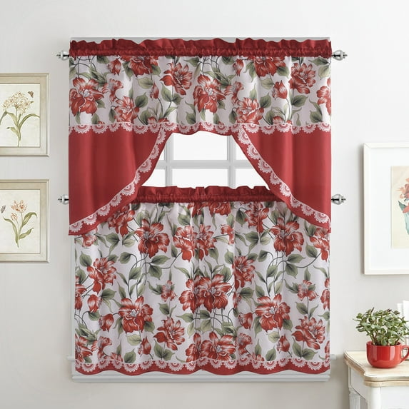 Flower Printed 3-Piece Kitchen Curtain Tiers & Swag Set, Red color, 58x36 & 28x36 inches for daily life and holiday
