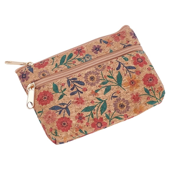 Flower Printed Cork Zipper Wallets Rectangle Camel 84x115x14.5mm