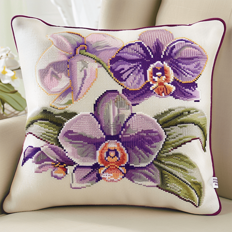 Flower Printed Cross Stitch Pillow Case Kits 11 Count Cross Stitch Kits 45X45cm DIY Needlepoint Handmade Embroidery Kit Home Decoration for Bedroom Sofa