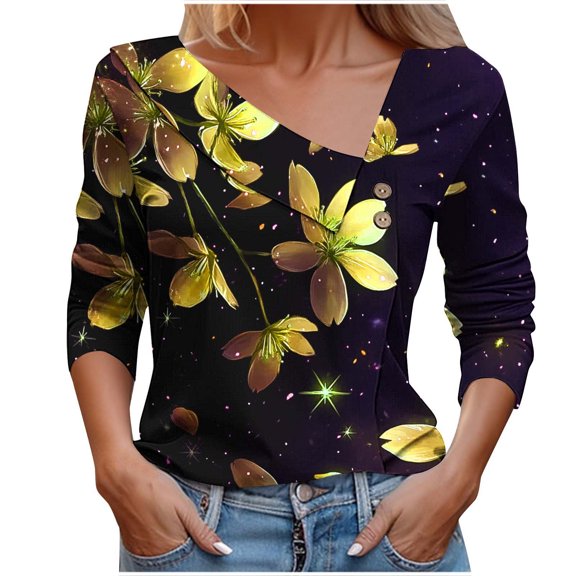 Flower Printed Tee Shirts for Women 3/4 Sleeve Tops Collared Button-Up Tunic Blouses Starry Sky Pattern T-Shirt Relaxed Fit T Shirts Dressy Causal Tunics Going Out Holiday Blouse Outfits