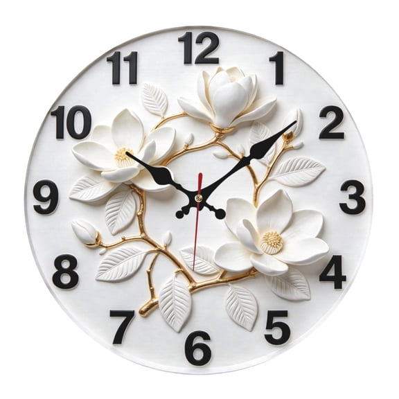 Flower Printing Wall Clock Modern 10 Inch Battery Operated Silent Non Ticking Small Analog Clock Decorative for Bedroom Kitchen Bathroom Office Home