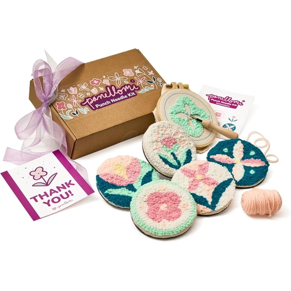 Flower Punch Needle Kit for Beginners DIY Punchneedle Embroidery Starter Kit with Yarn, Fabric, Needle Punch Tool, Scissors, and Instructions for 6 Easy Craft Floral Design Coasters
