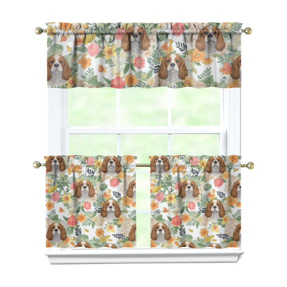 Flower Puppy 3-Piece Kitchen Curtains Set Kitchen Curtains Sets with Valance for Windows Rod Pocket Machine Washable Kitchen Decor(54"x18"+2x27.5"x24")