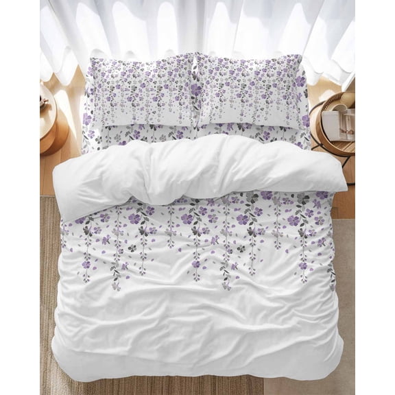 Flower Purple Bedding Duvet Cover Set Full Size 4 Pieces Grey Cherry Blossoms White Background Bedding Set with Zipper Closure, 1 Comforter Cover 86x86 Inches 1 Flat Sheet & 2 Pillow Cases
