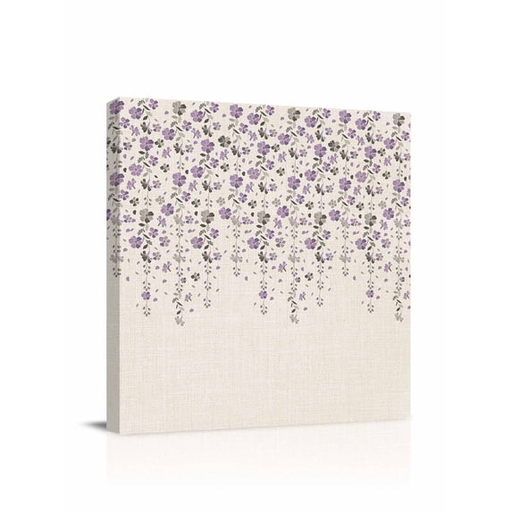 Flower Purple Canvas Wall Art, Grey Cherry Blossoms Cotton Linen Background Framed Wall Decor Modern Artwork Prints Painting for Living Room, Bedroom, Kitchen & Cafe Decor 28x28 Inch