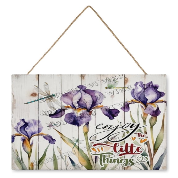 Flower Purple Iris - Enjoy The Little Things Wood Art Wall Hanging Signs Decorative Wood Plaque New Home Wall Decor Sign, Gift for Women Men, Housewarming Gifts 10"x16"