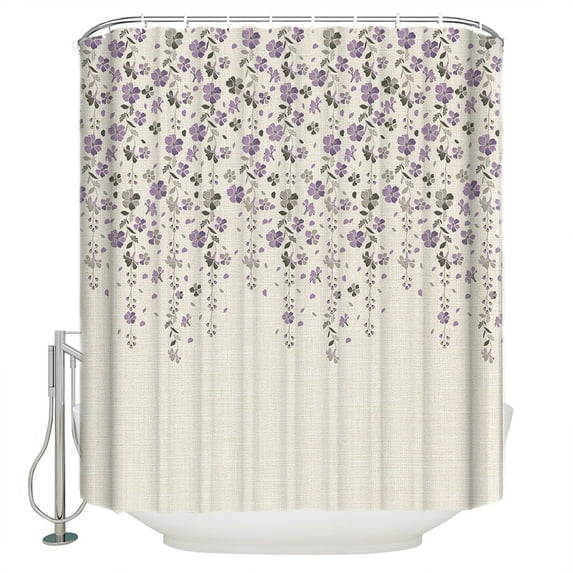 Flower Purple Shower Curtain, 60" x 72", Grey Cherry Blossoms Cotton Linen Background Waterproof Bathroom Curtain Washable Shower Curtain Set with 12 Hooks