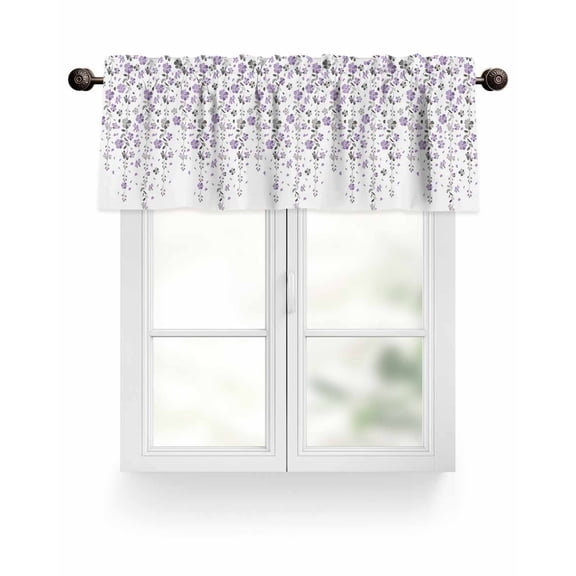 Flower Purple Valances for Windows Grey Cherry Blossoms White Background Valance Rod Pocket Light Filtering Short Window Treatments Curtains for Kitchen Bathroom Living Room Bedroom, 42 x 12 Inch