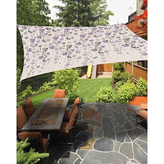 Flower Purple Waterproof Sun Shade Sail Grey Cherry Blossoms Cotton Linen Background Outdoor Patio Sun Shades Canopy UV Block Waterproof Sunshade for Garden Backyard Deck Pergola 8x10 Ft