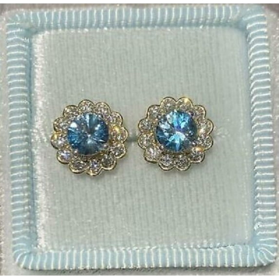 Flower Push Back Earring For Women 3Ct Round Cut Blue Topaz 14K Yellow Gold Plated
