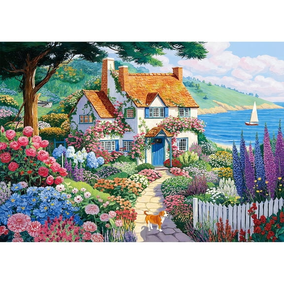 Flower Puzzles for Adults 500 Pieces, Seaside Cottage Garden 500 Piece Puzzles for Adults, Beach Leisure Jigsaw Puzzles, Challenging Ocean Jigsaw Puzzle as Home Décor