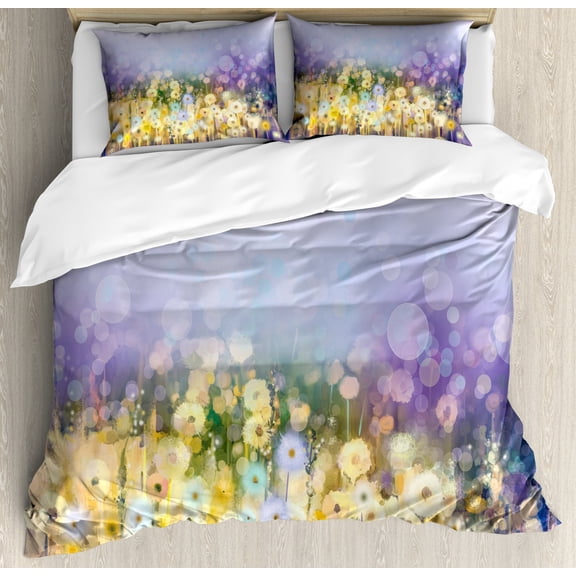 Flower Queen Size Duvet Cover Set, Chamomile and Dandelion Field Meadow Landscape in Contrasting Colors Idyllic View, Decorative 3 Piece Bedding Set with 2 Pillow Shams, Yellow Purple, by Ambesonne