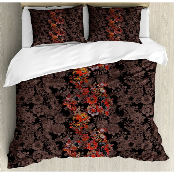 Flower Queen Size Duvet Cover Set, Flowers of Asia in Japanese Art Style Vivid Floral Pattern Boho Print, Decorative 3 Piece Bedding Set with 2 Pillow Shams, Black Orange Mustard, by Ambesonne