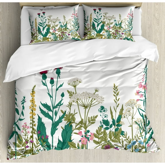 Flower Queen Size Duvet Cover Set, Flowers and Leaves in a Spring Garden with Daisies Roses Hydrangeas Artwork Print, Decorative 3 Piece Bedding Set with 2 Pillow Shams, Multicolor, by Ambesonne
