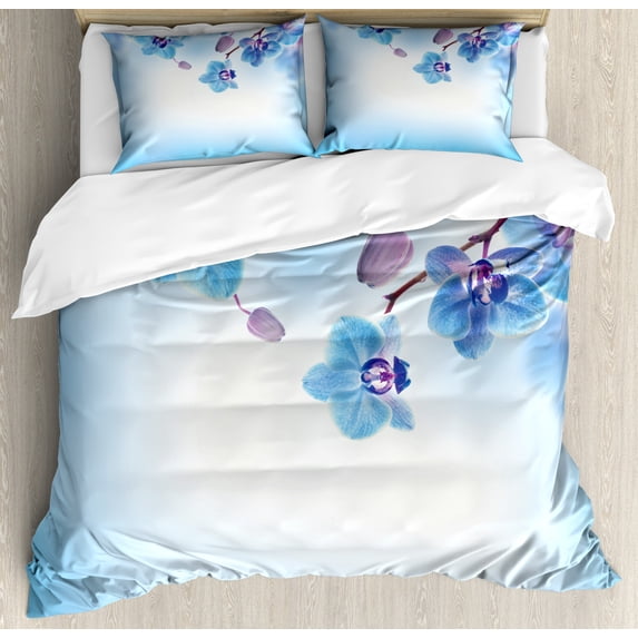 Flower Queen Size Duvet Cover Set, Orchids Asian Natural Flowers Reflections on the Water for Spring Calming Art, Decorative 3 Piece Bedding Set with 2 Pillow Shams, Blue and Purple, by Ambesonne