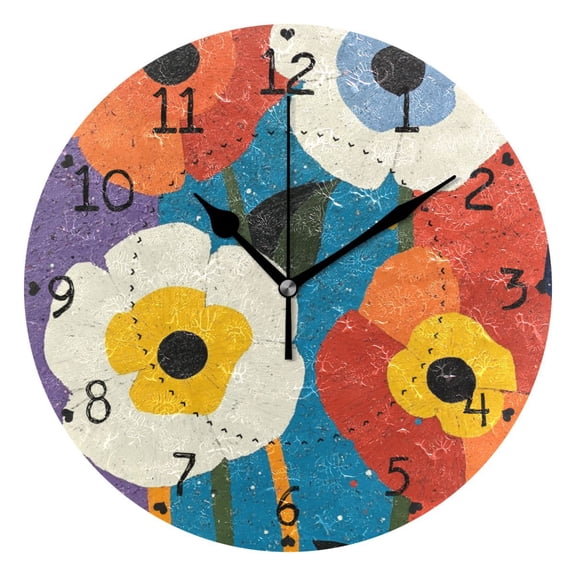 Flower Quilt Pattern Round Wall Clock Silent Battery Operated Home Decor for Living Room Bedroom