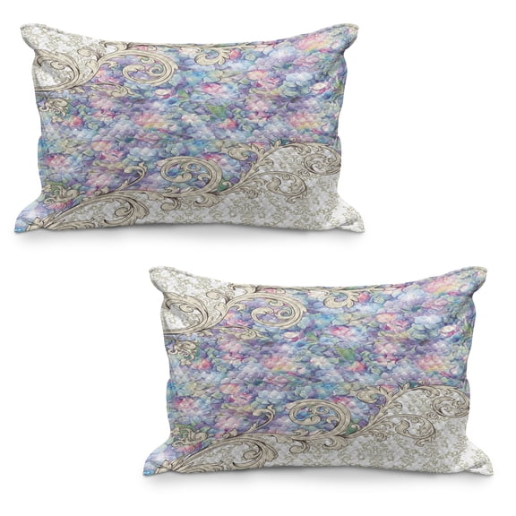Flower Quilted Pillowcover Set of 2, Colorful Hydrangeas Romantic Baroque Swirls Art Nouveau Inspired Design Print, Standard Queen Size Pillow Cover Bedroom, 30" x 20", Lilac and Cream, by Ambesonne