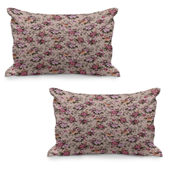 Flower Quilted Pillowcover Set of 2, Floral Pattern with Roses Twig Warm Colors Flower Arrangement Bouquets, Standard Queen Size Pillow Cover for Bedroom, 36" x 20", Tan Pink Dark Green, by Ambesonne