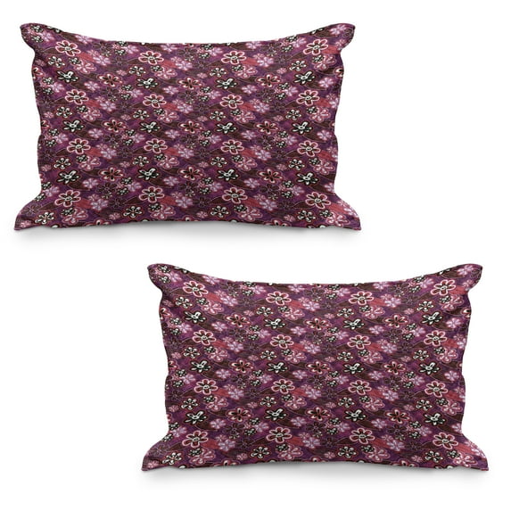 Flower Quilted Pillowcover Set of 2, Modern Design Watercolor with Floral Leaf Seemed Ombre Style Print, Standard Queen Size Pillow Cover for Bedroom, 36" x 20", Purple White, by Ambesonne