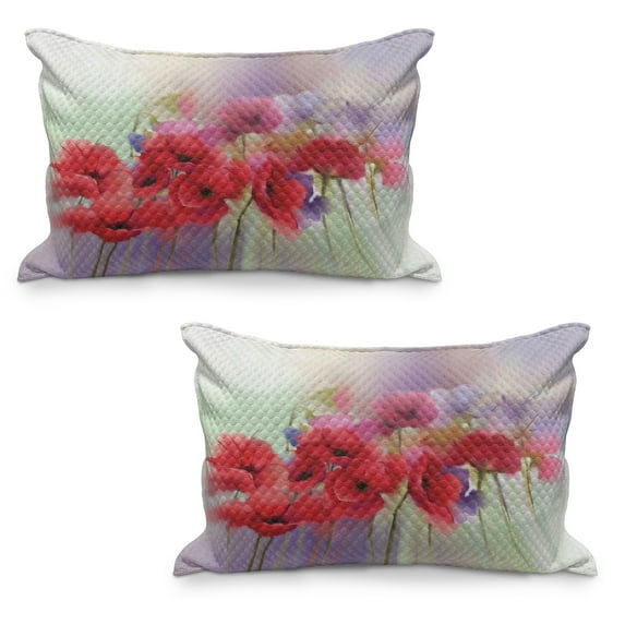 Flower Quilted Pillowcover Set of 2, Poppy Flowers Blur Spring Floral Seasonal Romantic Illustration Print, Standard Queen Size Pillow Cover for Bedroom, 36" x 20", Lavender and Red, by Ambesonne