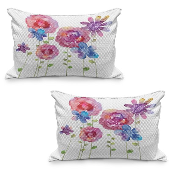 Flower Quilted Pillowcover Set of 2, Watercolors Illustration of Different Kinds of Flowers Boho Style Pattern, Standard Queen Size Pillow Cover for Bedroom, 36" x 20", Pink Purple Blue, by Ambesonne