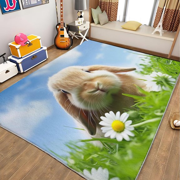 Flower Rabbit Area Rugs, Lop Bunny Floral Carpet, Washable Non Slip Low Pile Soft Rug for Living Room Bedroom Bedside Office Dining Room Decor Mat 5x8ft