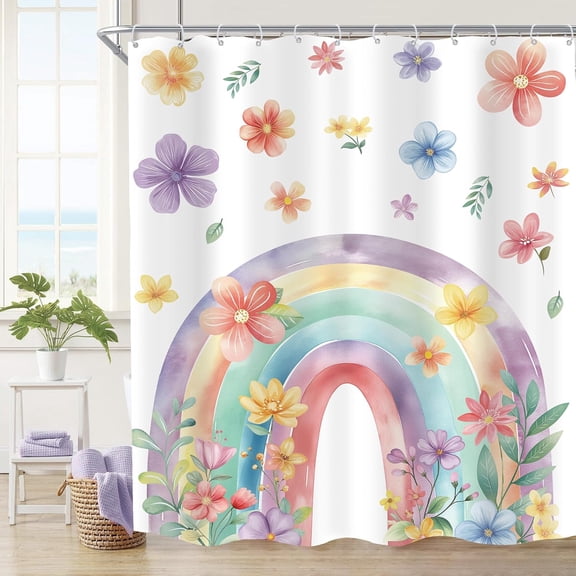Flower Rainbow Shower Curtain Colorful Multicolor Peony Wildflower Boho Floral Plants Watercolor Cute for Girls Women Fabric Waterproof Polyester with Hooks Plastic 36"W x 72"L (Pack of 1)