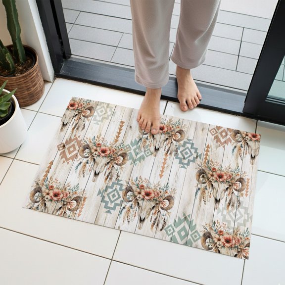 Flower Ram Skulls Indoor Door Mat 18x30 Inch Southwestern Rustic Tribal Wood Grain Rustic Front Door Mat Non Slip Washable Entryway Rug Low Profile Dirt Trapper Doormat for Bathroom Kitchen Bedroom