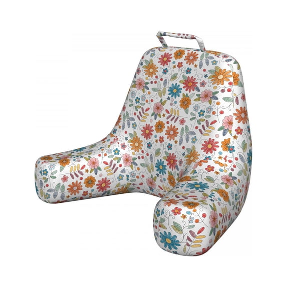 Flower Reading Pillow, Colorful Flourishing Daisies with Leaves Design in Irregular Order Doodle Artwork, Bedrest Cushion with Back Pocket and Washable Cover, 2 Sizes, by Ambesonne