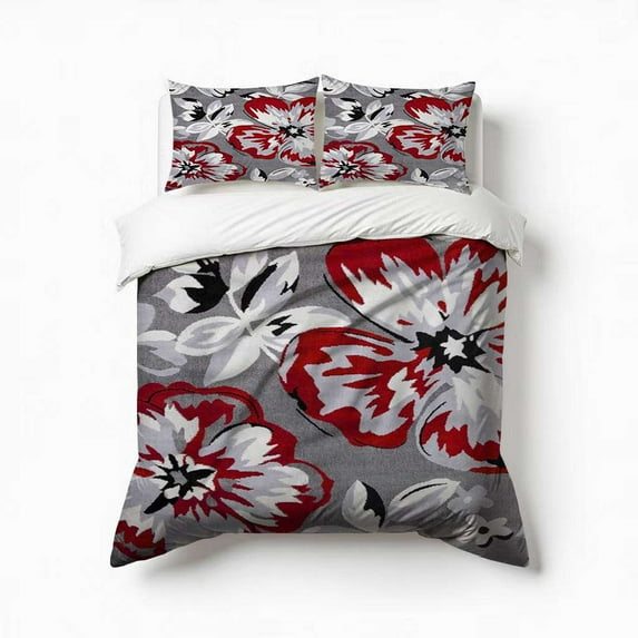 Flower Red Grey Texture Bedding Set 3 Pcs Soft Microfiber Quilt Cover For Bedroom Decor, Comforter Cover With 2 Pillowcase