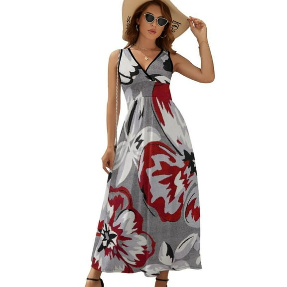 Flower Red Grey Texture Dress Summer Street Style Bohemia Long Dresses Female Sleeveless Printed Maxi Dress