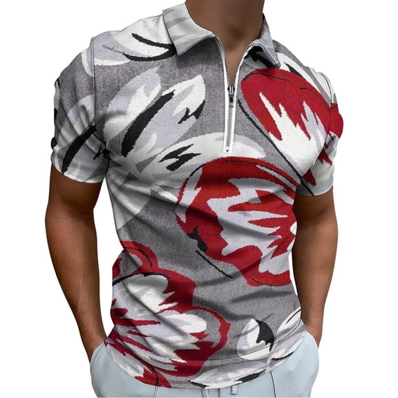 Flower Red Grey Texture Men Zipper T-shirt Summer Casual Short Sleeve T-shirt Top