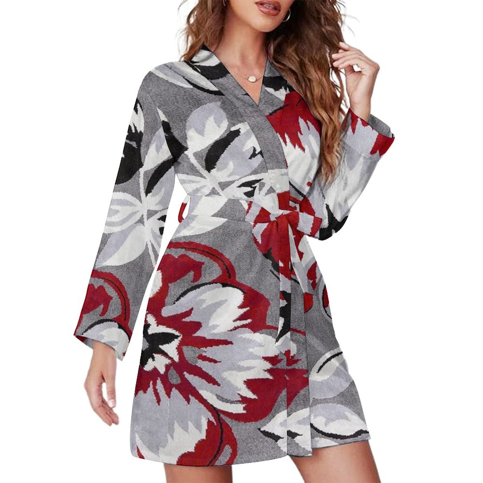 Flower Red Grey Texture Night Robe Long Sleeve V Neck Robe With Belt ...