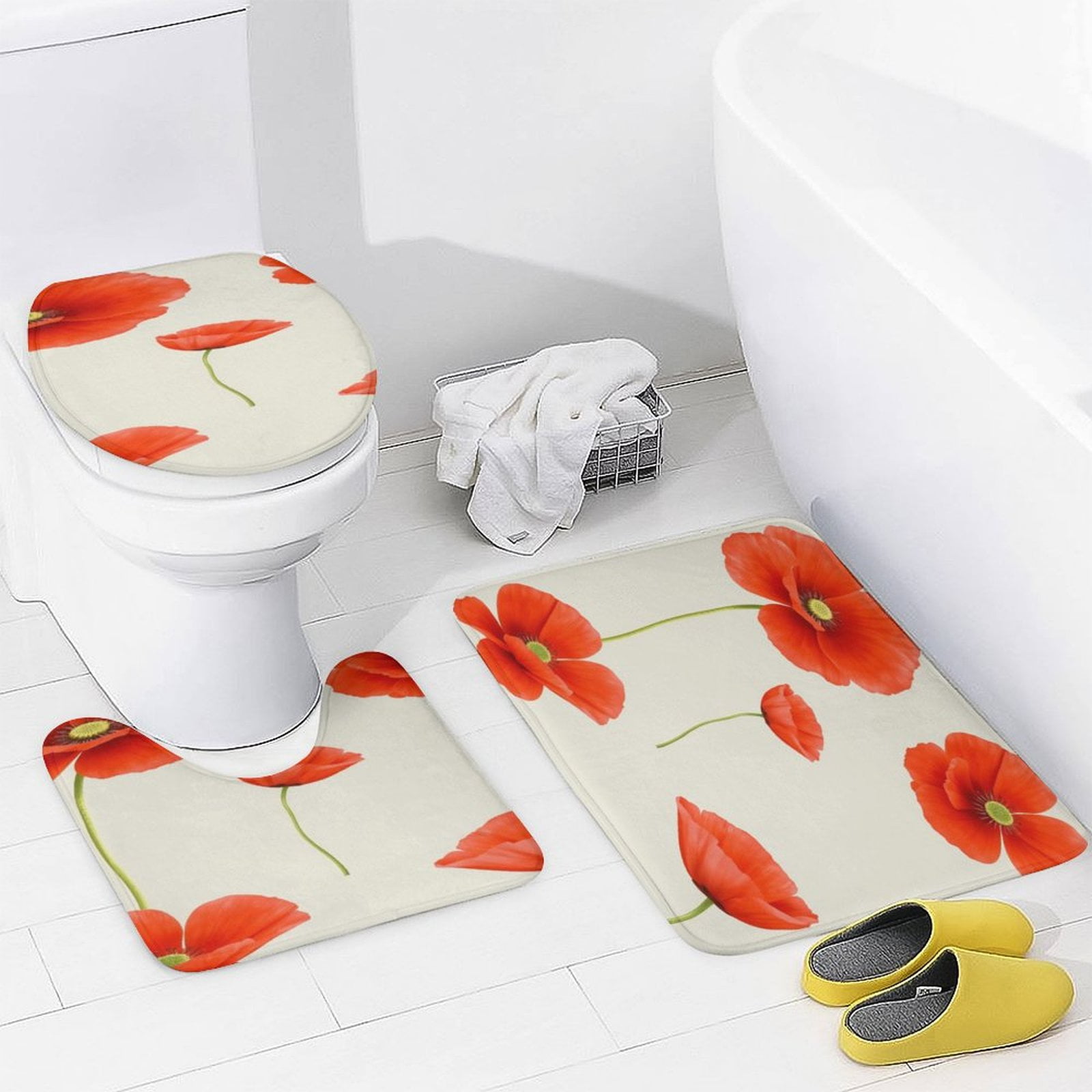 Flower Red Poppy White Dirty Bathroom Rugs Set 3 Piece with Non-Slip ...