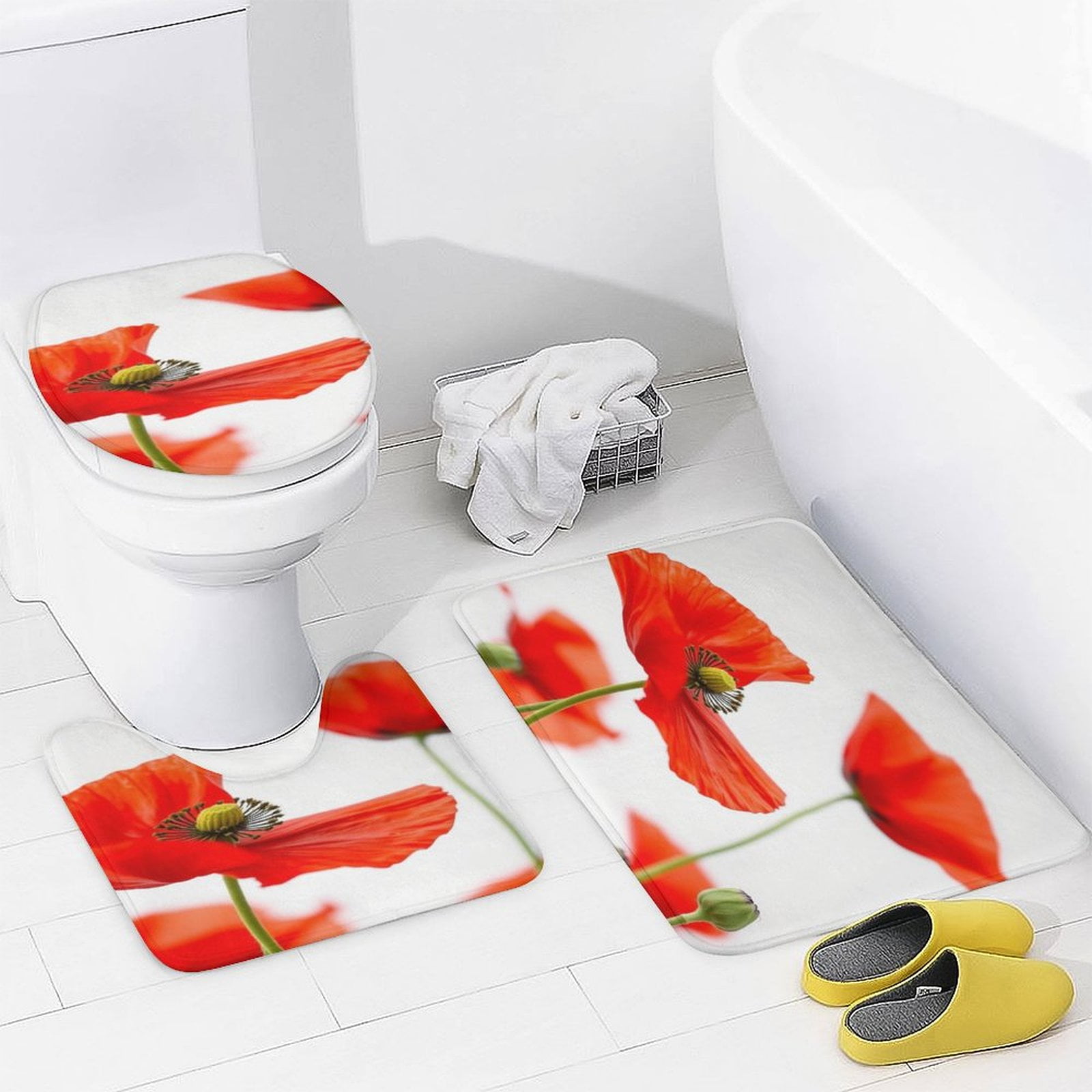 Flower Red Poppy White Dirty Bathroom Rugs Set 3 Piece with Non-Slip ...