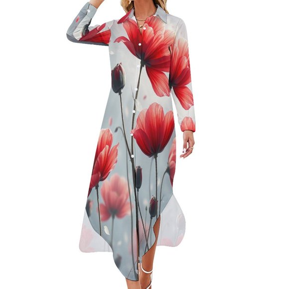Flower Red Poppy White Dirty Chiffon Dress V Neck Dresses Female Casual Dress Birthday Gift