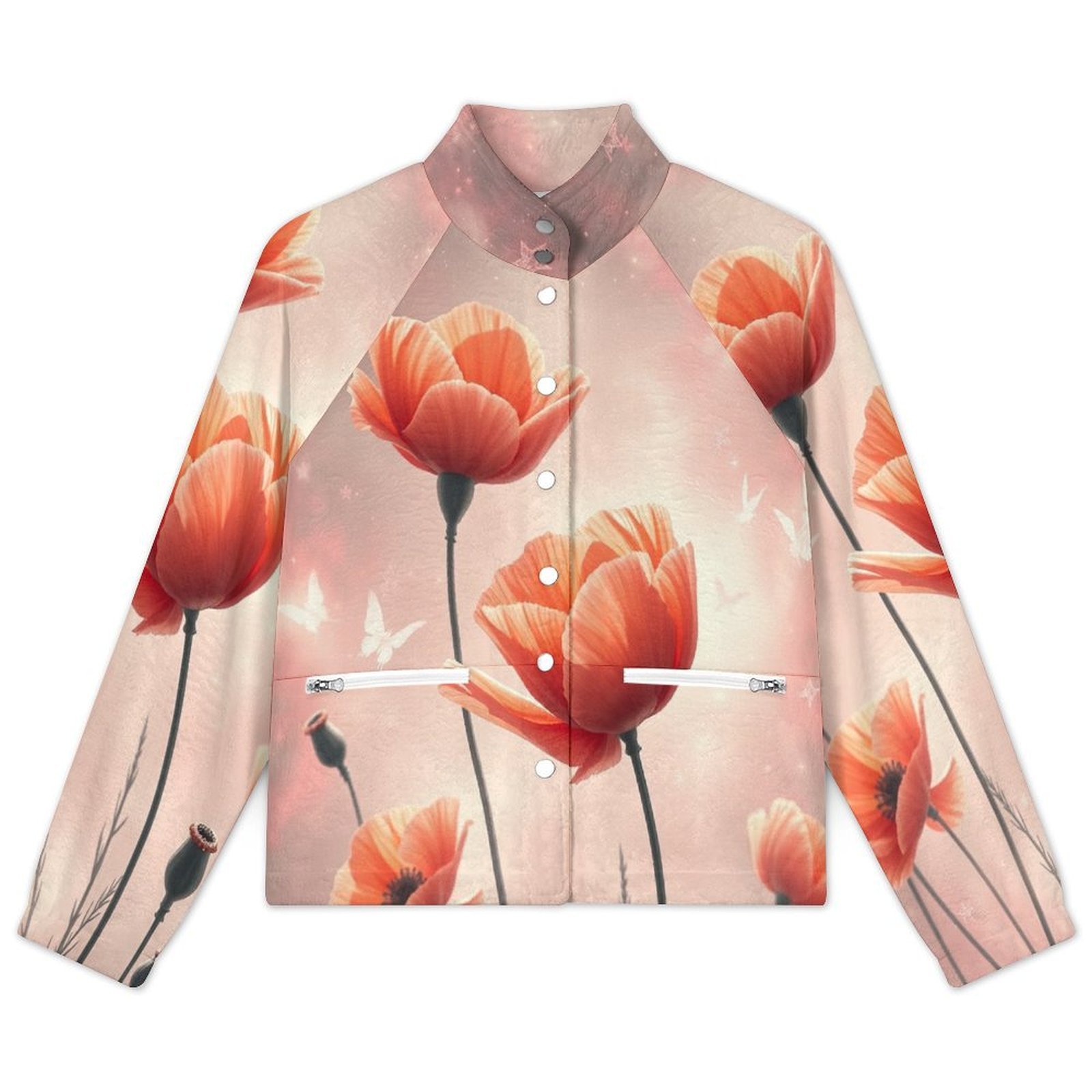 Poppy Jacket Flower Red Poppy White Dirty Warm Women's Plush Jacket Stand Collar ...