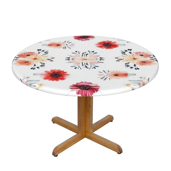 Flower Red Round Fitted Tablecloths Table Covers Wipeable Waterproof Elastic for Kitchen Dinning Parties Wedding Picnic Medium Fits 45-50 Inch Table Size