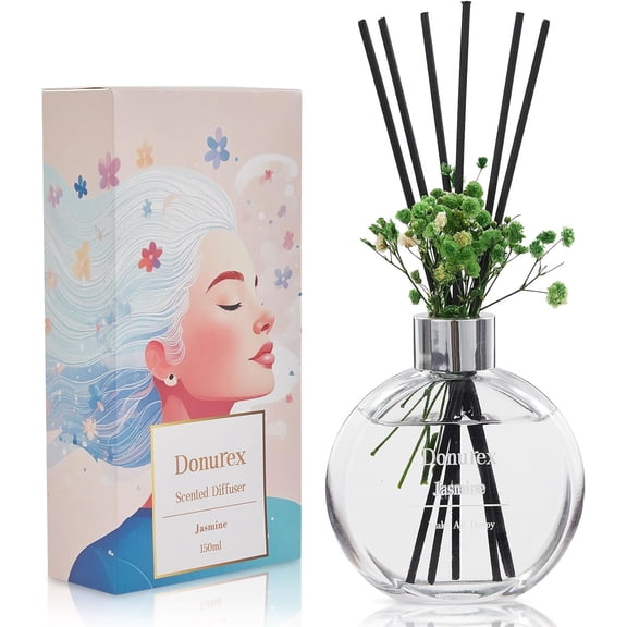 Flower Reed Diffuser Set 5.07oz Jasmine Scent Diffuser with Sticks Home Fragrance Reed Diffuser for Bathroom Shelf Decor