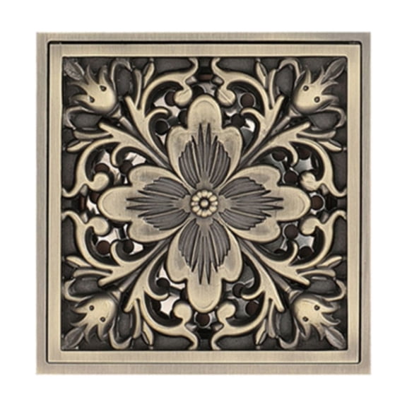 Flower Relief Copper Shower Floor Drain, 4 inch Antique Exquisite Square Ground Drain for Kitchens, Bathrooms, Garages