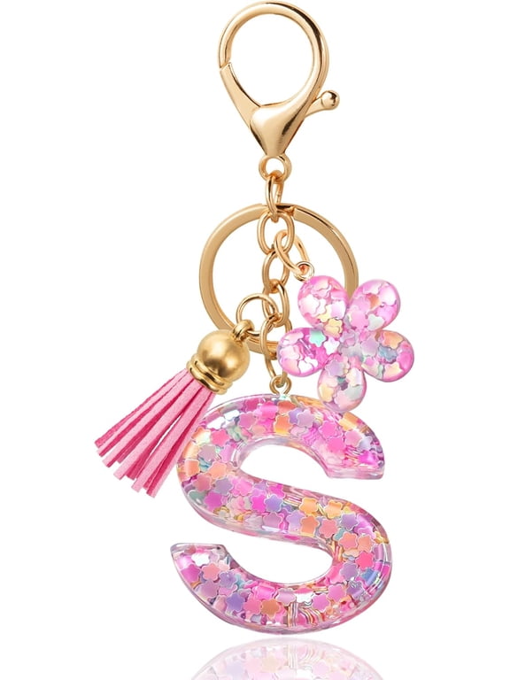 Flower Resin Initial Keychain – Personalized Alphabet Keyring for Women, Girls – Cute Letter Key chain for Bag Charms