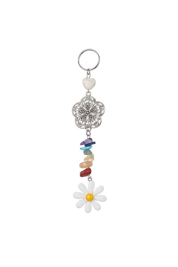 Flower Resin Keychains with Chakra Gemstone Chip and 304 Stainless Steel Split Key Rings and Tibetan style Alloy Links White 14.5cm